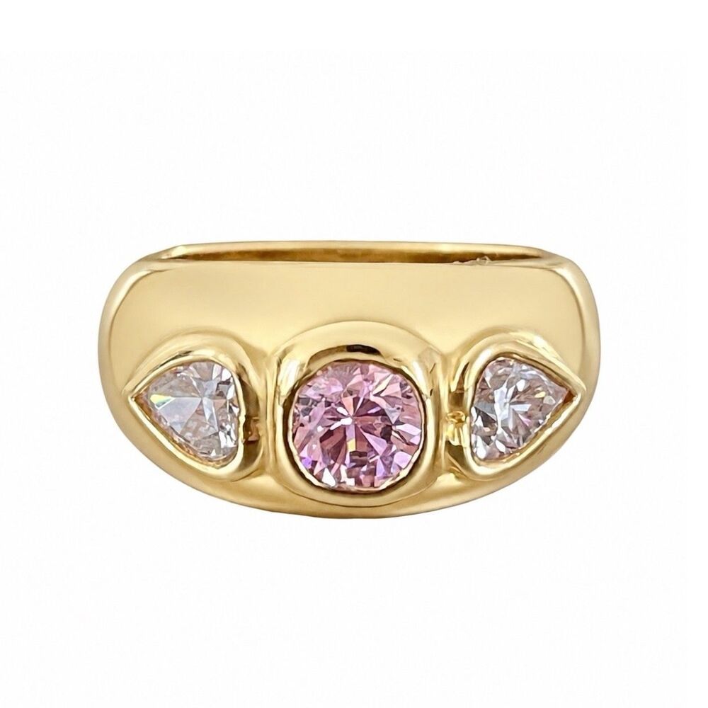 Vintage 1970s Ring Size 8 Pink CZ Heart Three Stone 14KT Gold Plate - 14F